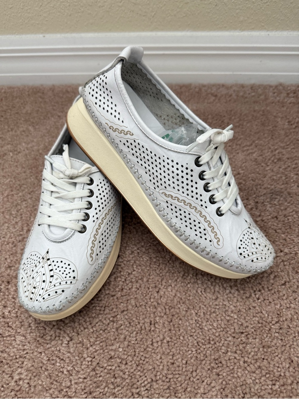 White Perforated Lace-Up Women's Casual Sneakers, Real Leather, Super Soft